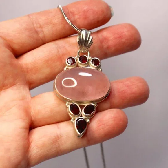 Sterling Silver Rose Quartz Gemstone and Red Glass Stone Necklace - Picture 7 of 13